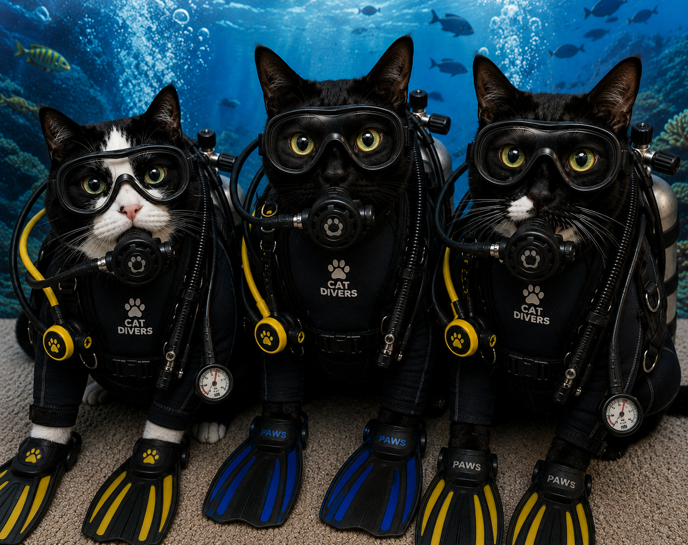 Playful artwork of three cats wearing scuba gear underwater