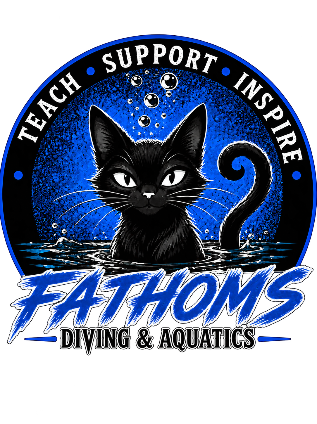 Blue Fathoms Diving & Aquatics cat logo with Teach, Support, Inspire lettering